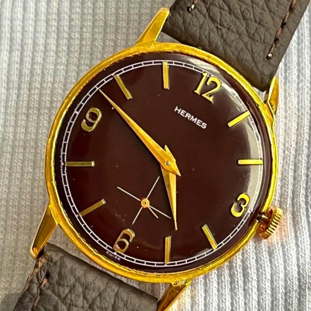 Great Hermes Paris Unique Chocolate Textured Dial Vintage Windup  Watch